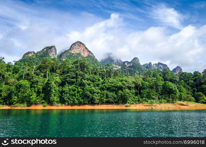 Cheow Lan Lake limestone cliffs, Khao Sok National Park, Thailand. Cheow Lan Lake cliffs, Khao Sok National Park, Thailand