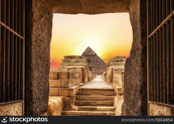 Chephren's Temple and the Pyramid of Chephren, Giza, Egypt.. Chephren's Temple and the Pyramid of Chephren, Giza, Egypt