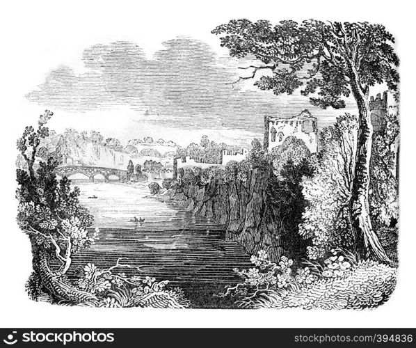 Chepstow Castle Ruins, vintage engraved illustration. Colorful History of England, 1837.