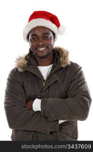 Cherished African boy with Santa Claus hat a over white background