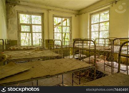 Chernobyl zone. School premises in the city of Pripyat in Ukraine. Exclusion Zone.