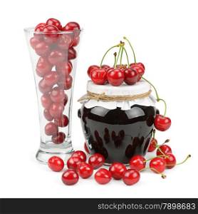 cherries and jars of jam isolated on a white background