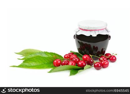 Cherries and jars of jam isolated on a white background. Free space for text.