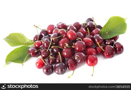 cherries and leaf in front of white background