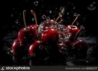 Cherries in a splash of water on a black background. Neural network AI generated art. Cherries in a splash of water on a black background. Neural network AI generated