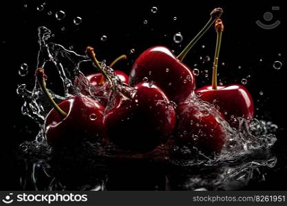 Cherries in a splash of water on a black background. Neural network AI generated art. Cherries in a splash of water on a black background. Neural network AI generated