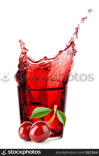 Cherries with leaves and glass of cherry juice with splash isolated on white background. Cherries with leaves and glass of cherry juice with splash