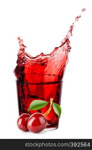 Cherries with leaves and glass of cherry juice with splash isolated on white background. Cherries with leaves and glass of cherry juice with splash