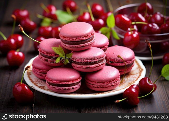 Cherries with macaroons. Generative AI