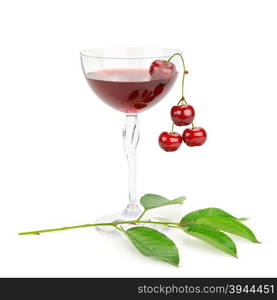 cherry and glass of juice isolated on white background