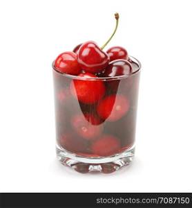 Cherry and glass of juice isolated on white background. Organic food.
