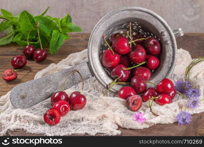 Cherry basket. cherry tree branch. fresh ripe cherries. sweet cherries in garden.