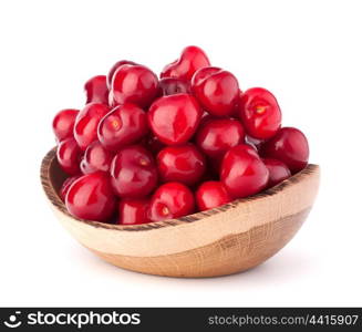 cherry berries in wooden bowl isolated on white background cutout