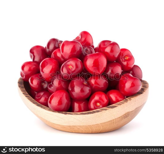 cherry berries in wooden bowl isolated on white background cutout