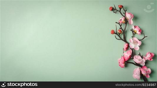 Cherry blossom branch. April floral nature and spring sakura blossom on bright green background. Banner for 8 march, Happy Easter with place for text. Springtime concept. Top view. Flat lay. Cherry blossom branch.