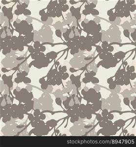 Cherry blossom branches seamless pattern grey color silhouette on beige background. Botanical vector pattern desigh for textile, fabric or wallpapers