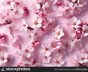 Cherry blossom flowers bucket background top view in flat lay style