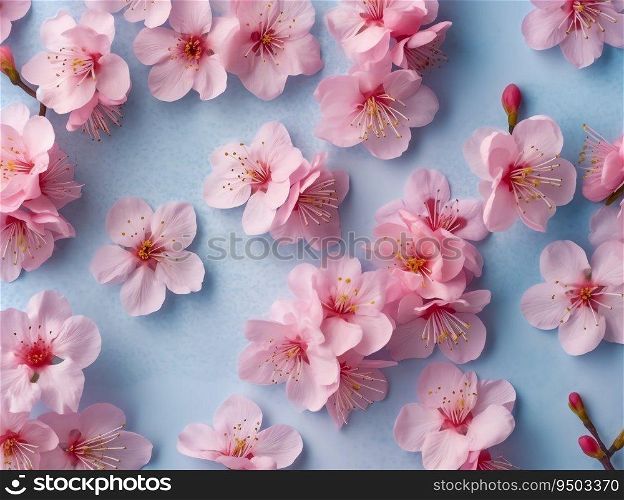 Cherry blossom flowers bucket background top view in flat lay style