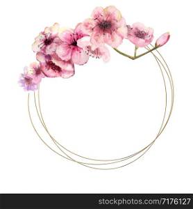 Cherry blossom, Sakura Branch with pink flowers on gold frame and isolated white background. Image of spring. Frame. Watercolor illustration. Cherry blossom, Sakura Branch with pink flowers on gold frame and isolated white background. Image of spring. Frame. Watercolor illustration. Design elements. flowers on top