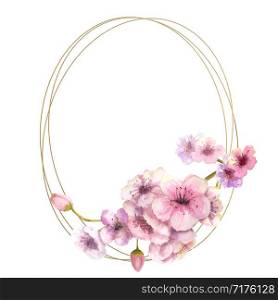 Cherry blossom, Sakura Branch with pink flowers on gold frame and isolated white background. Image of spring. Frame. Watercolor illustration. Cherry blossom, Sakura Branch with pink flowers on gold frame and isolated white background. Image of spring. Frame. Watercolor illustration. Design elements