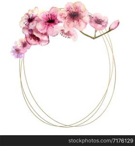 Cherry blossom, Sakura Branch with pink flowers on gold frame and isolated white background. Image of spring. Frame. Watercolor illustration. Cherry blossom, Sakura Branch with pink flowers on gold frame and isolated white background. Image of spring. Frame. Watercolor illustration. Design elements. flowers on top