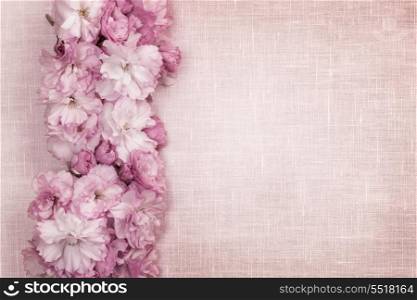 Cherry blossoms border on pink linen. Border of pink cherry blossoms row with linen background