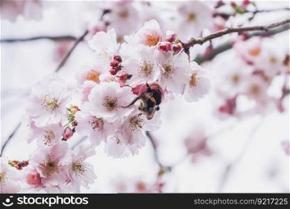 cherry blossoms petals bumblebee