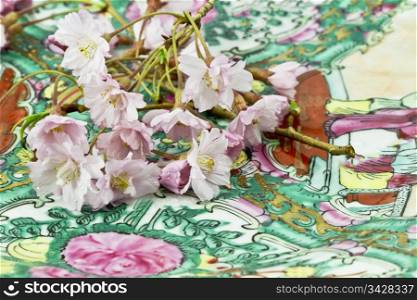 Cherry blossoms placed on Asian plate create a feminine sense of spring