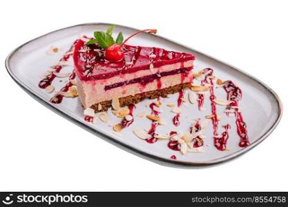 Cherry cheesecake on plate on white background