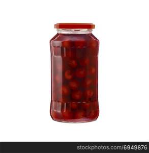 Cherry compote in a glass jar. Isolated on white background. With clipping path