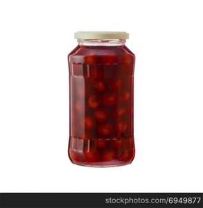 Cherry compote in a glass jar. Isolated on white background. With clipping path