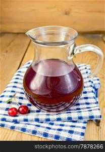 Cherry compote in a glass jar, napkin, two berries on a branch on a wooden boards background