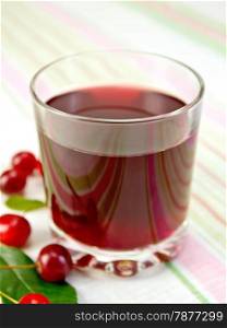 Cherry compote in a low glass, cherries on a background of a linen tablecloth