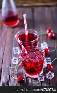 cherry drink in glass and on a table