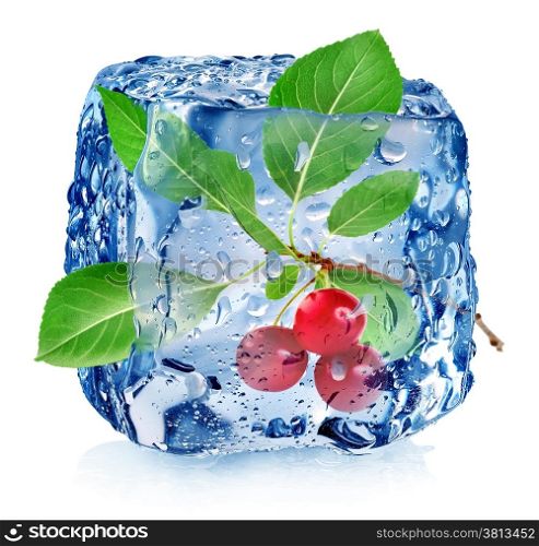Cherry in ice cube isolated on white