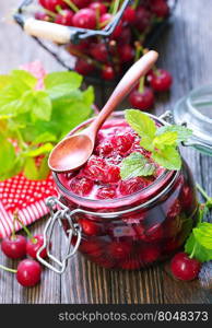 cherry jam and fresh berries on a table