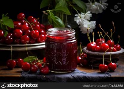 Cherry jam with fresh fruit. Generative AI