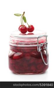 Cherry jam with fresh fruits isolated on white