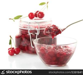 Cherry jam with fresh fruits isolated on white