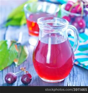 cherry juice in glass jug and on a table