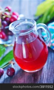 cherry juice in glass jug and on a table