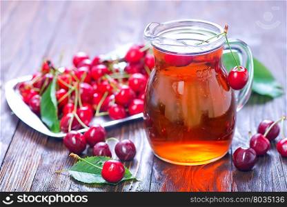 cherry juice in jug and on a table