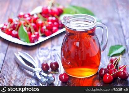cherry juice in jug and on a table