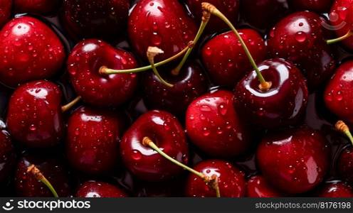 Cherry seamless background with water drops, top view, flat lay. Generative AI. High quality illustration. Cherry seamless background with water drops, top view, flat lay. Generative AI