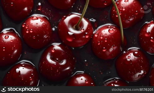 Cherry seamless background with water drops, top view, flat lay. Generative AI. High quality illustration. Cherry seamless background with water drops, top view, flat lay. Generative AI