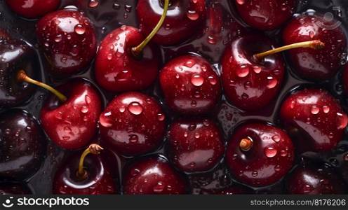 Cherry seamless background with water drops, top view, flat lay. Generative AI. High quality illustration. Cherry seamless background with water drops, top view, flat lay. Generative AI