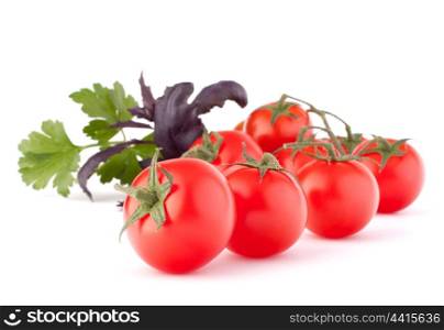 Cherry tomato and basil leaves still life isolated on white background cutout