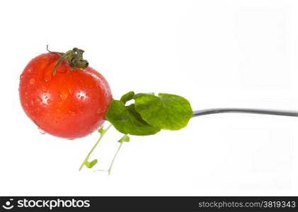 Cherry tomato on a fork on white background
