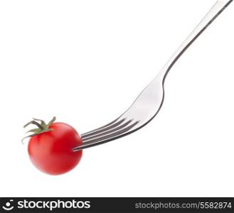 Cherry tomato on fork isolated on white background cutout. Healthy eating concept.