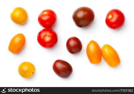 Cherry tomatoes isolated on white background. Red, yellow and brown tomato. Top view, flat lay